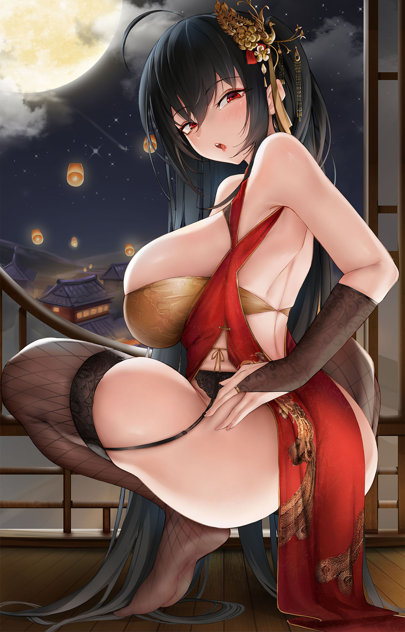 1girl ahoge architecture ass azur_lane back bangs bare_shoulders black_hair black_thighhighs blush breasts bridal_gauntlets china_dress chinese_clothes cleavage_cutout clothing_cutout detached_sleeves dress east_asian_architecture fishnet_thighhighs fishnets full_moon garter_belt haihai_(skeleton) hair_ornament highres lantern large_breasts long_hair looking_at_viewer looking_back moon night night_sky official_alternate_costume one_side_up open_mouth paper_lantern pelvic_curtain red_dress red_eyes sky solo squatting taihou_(azur_lane) taihou_(phoenix's_spring_song)_(azur_lane) thighhighs