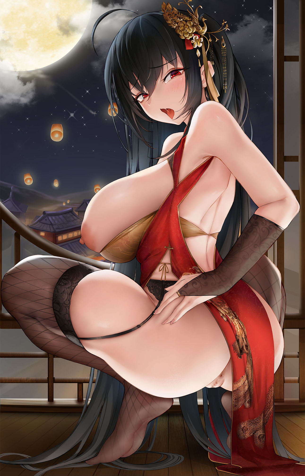 1girl ahoge anus architecture ass azur_lane back bangs bare_shoulders black_hair black_thighhighs blush breasts breasts_out bridal_gauntlets china_dress chinese_clothes cleavage_cutout clothing_cutout detached_sleeves dress east_asian_architecture fishnet_thighhighs fishnets full_moon garter_belt haihai_(skeleton) hair_ornament highres large_breasts long_hair looking_at_viewer looking_back moon night night_sky nipples official_alternate_costume one_side_up open_mouth pelvic_curtain pussy red_dress red_eyes sky solo squatting taihou_(azur_lane) taihou_(phoenix's_spring_song)_(azur_lane) thighhighs tongue tongue_out