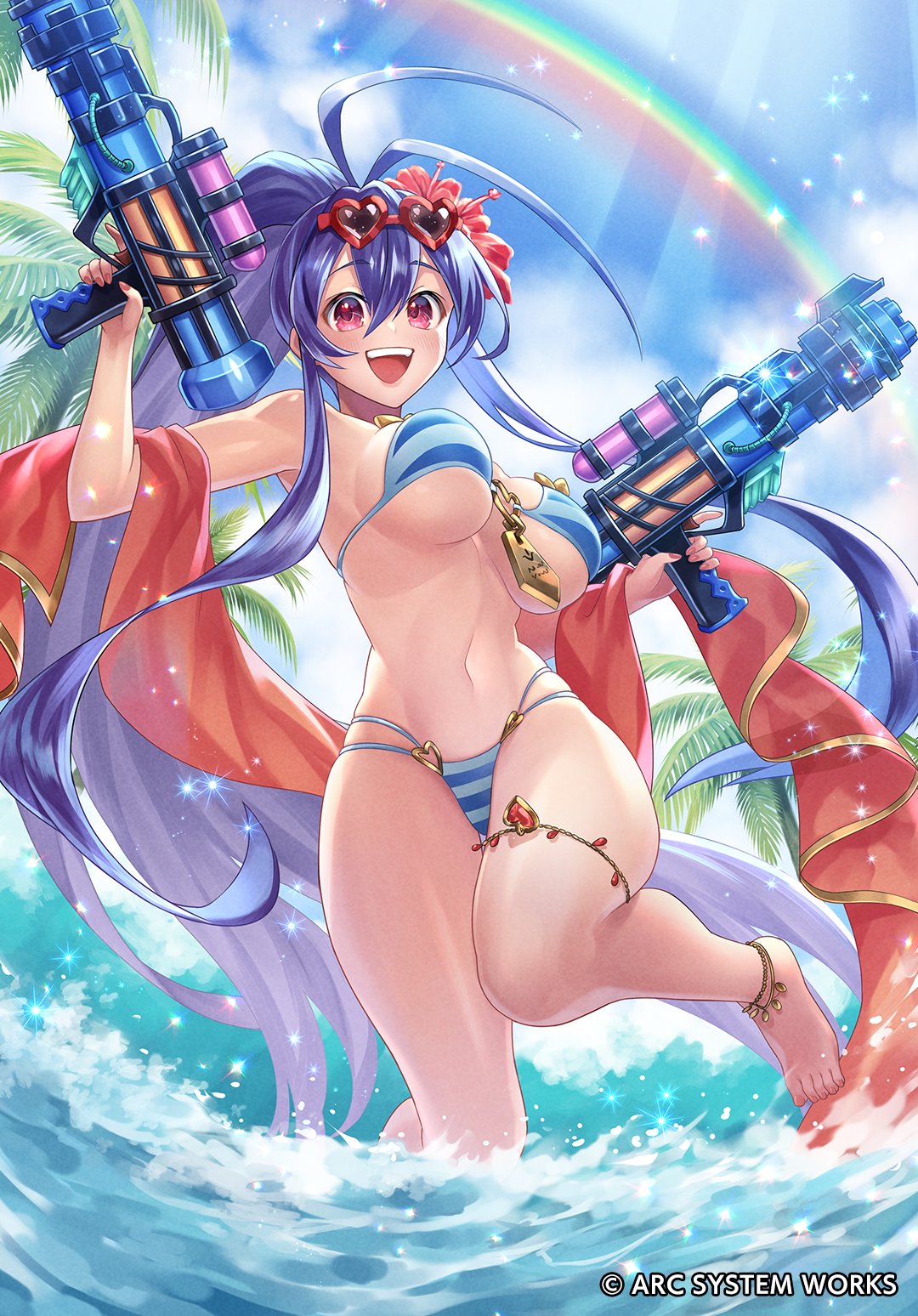 1girl alternate_costume anklet antenna_hair arc_system_works barefoot blazblue blazblue_alternative:_dark_war blazblue_remix_heart blue_hair breasts flower hair_flower hair_ornament highres jewelry koushi_rokushiro large_breasts mai_natsume navel official_art open_mouth palm_tree ponytail rainbow red_eyes sky_background solo sunglasses swimsuit thick_thighs thighs tree water water_gun
