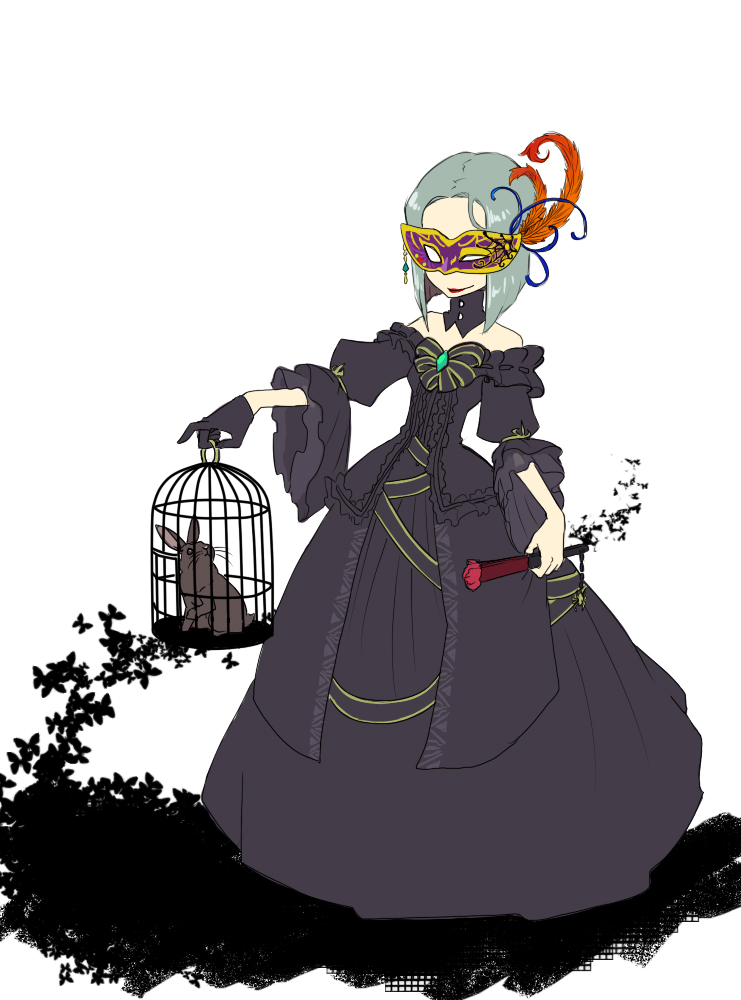 ahosinnzu bird_cage birdcage bunny cage demon's_souls demon's_souls domino_mask dress fan feather feathers female flat_color formal from_software gloves lipstick makeup mask mephistopheles murai_shinobu rabbit short_hair silver_hair solo souls_(from_software) white_background