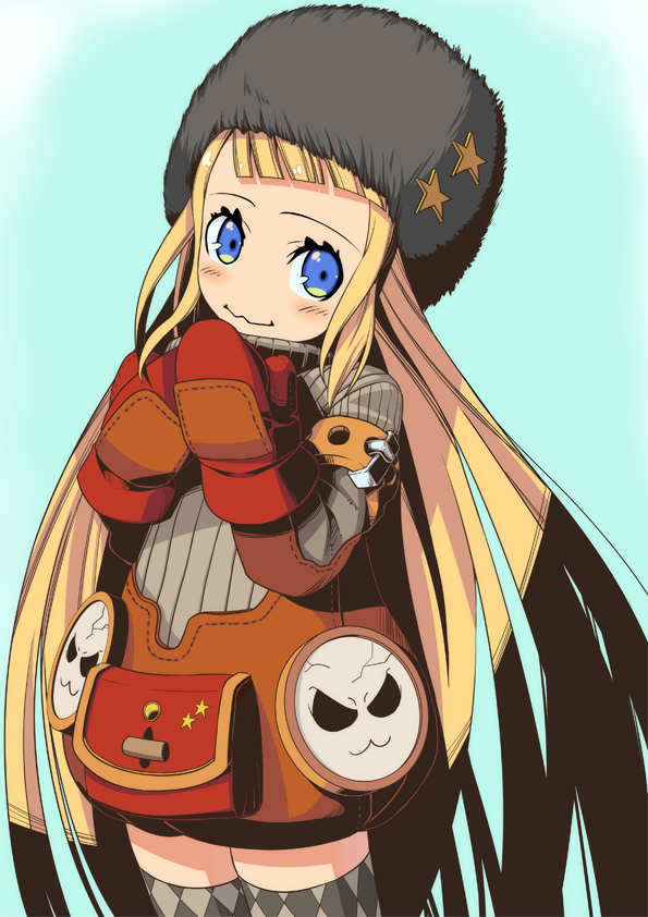 blonde_hair blue_eyes blush hat long_hair mittens ninomae_ichijiku original simple_background smirk solo thighhighs