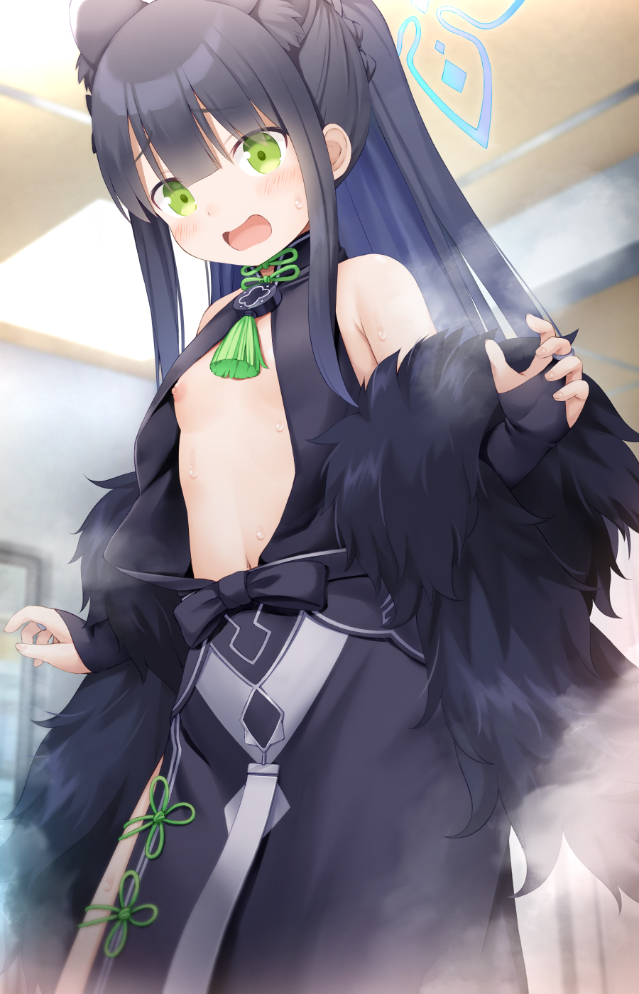 1girl animal_ears black_dress black_hair blue_archive blush breasts character_request dress green_eyes halo highres long_hair namaru_(summer_dandy) navel nipple_slip nipples open_clothes open_mouth small_breasts solo tagme