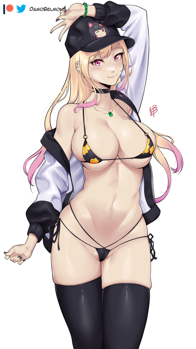 1girl arm_up bangs bare_shoulders bead_bracelet beads bikini black_bikini black_choker black_nails black_thighhighs blonde_hair bracelet breasts choker commentary_request commission cowboy_shot damodar gradient_hair groin highres jacket jewelry kitagawa_marin large_breasts long_hair long_sleeves looking_at_viewer multicolored_hair nail_polish navel necklace off_shoulder open_clothes open_jacket pink_eyes pink_hair side-tie_bikini_bottom simple_background skindentation smile solo sono_bisque_doll_wa_koi_wo_suru standing stomach swimsuit thighhighs thighs very_long_hair white_background