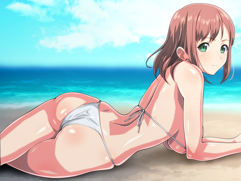 1girl arm_support ass back bare_arms bare_shoulders beach bikini blue_sky breasts brown_hair closed_mouth day from_side green_eyes hanging_breasts horizon large_breasts long_hair looking_at_viewer looking_to_the_side lying monteriakitto ocean on_ground on_stomach original outdoors skindentation sky smile solo swimsuit thighs underboob water white_bikini