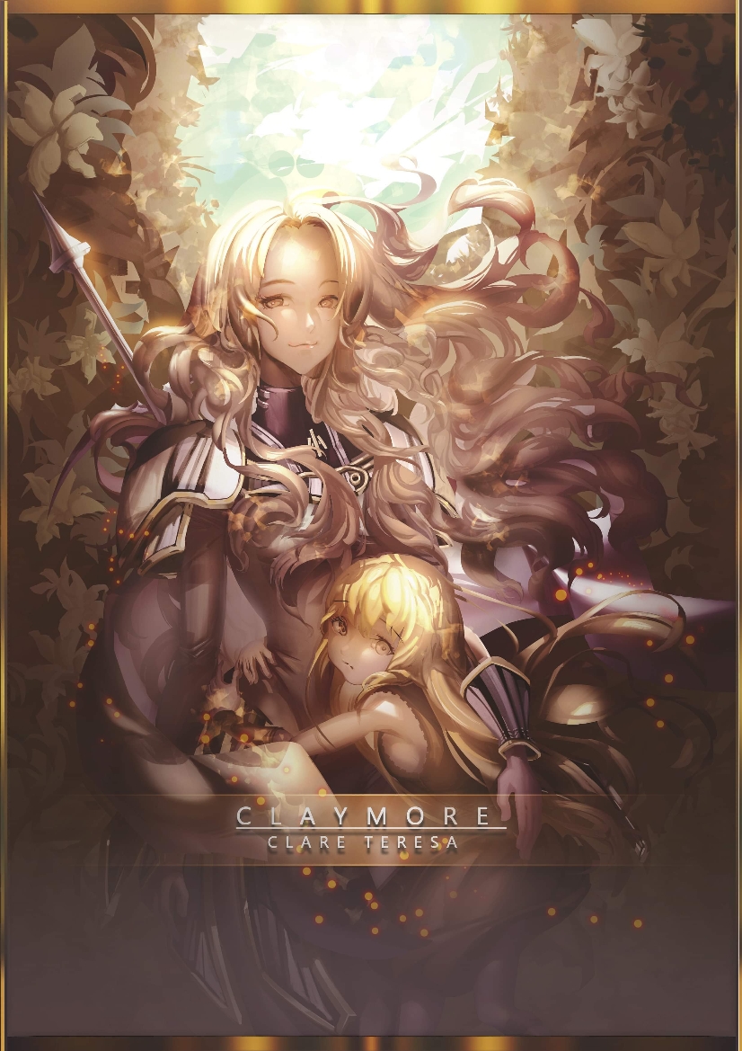2girls armor blonde_hair cape clare_(claymore) claymore long_hair looking_at_viewer meimeizeizei multiple_girls pale_skin protecting shoulder_armor shoulder_pads smile teresa_(claymore) wavy_hair