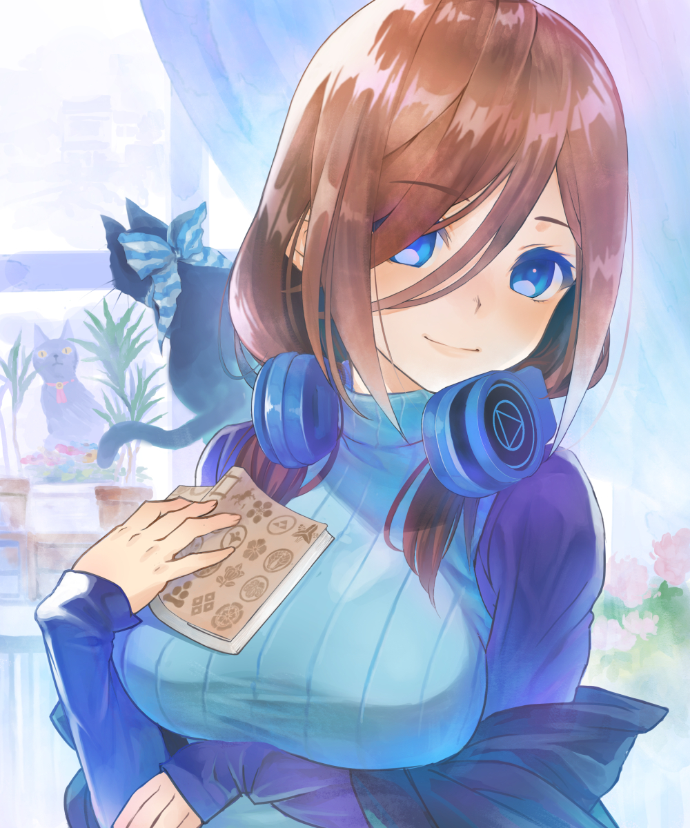 1girl bangs blue_eyes blue_sweater breast_press brown_hair cat closed_mouth go-toubun_no_hanayome hair_between_eyes headphones headphones_around_neck highres hirokiku holding jacket long_hair long_jacket looking_at_viewer nakano_miku open_clothes open_jacket purple_jacket ribbed_sweater shiny shiny_hair sleeveless sleeveless_jacket smile solo sweater upper_body