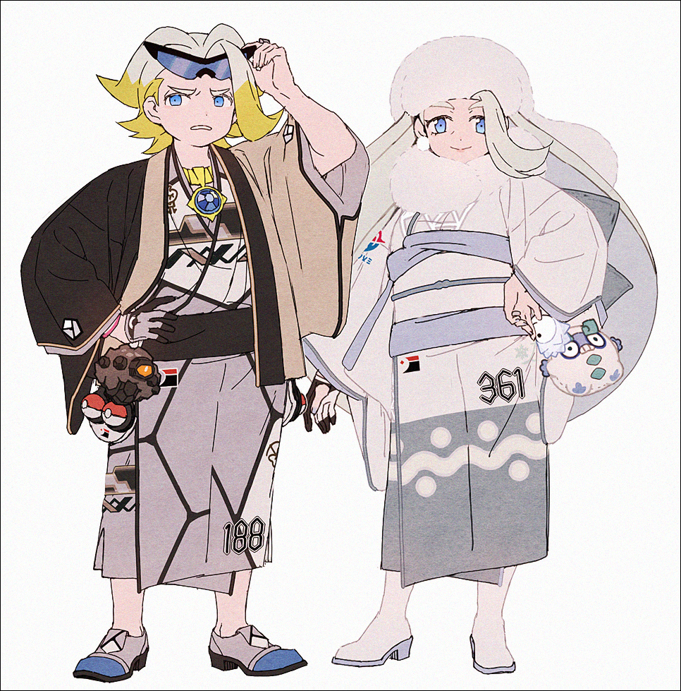 1boy 1girl arm_up blonde_hair blue-framed_eyewear blue_eyes boots closed_mouth colored_eyelashes eyewear_on_head fur_hat galarian_darumaka gloves gordie_(pokemon) grey_footwear grey_gloves grey_hair grey_headwear grey_kimono hakusai_(tiahszld) hand_on_hip hat high_heel_boots high_heels japanese_clothes kimono long_hair long_sleeves looking_at_viewer melony_(pokemon) obi open_clothes parted_lips partially_fingerless_gloves poke_ball pokemon pokemon_(game) pokemon_swsh rolycoly sash shoes simple_background single_glove smile snom sunglasses thick_eyebrows very_long_hair white_background white_footwear wide_sleeves