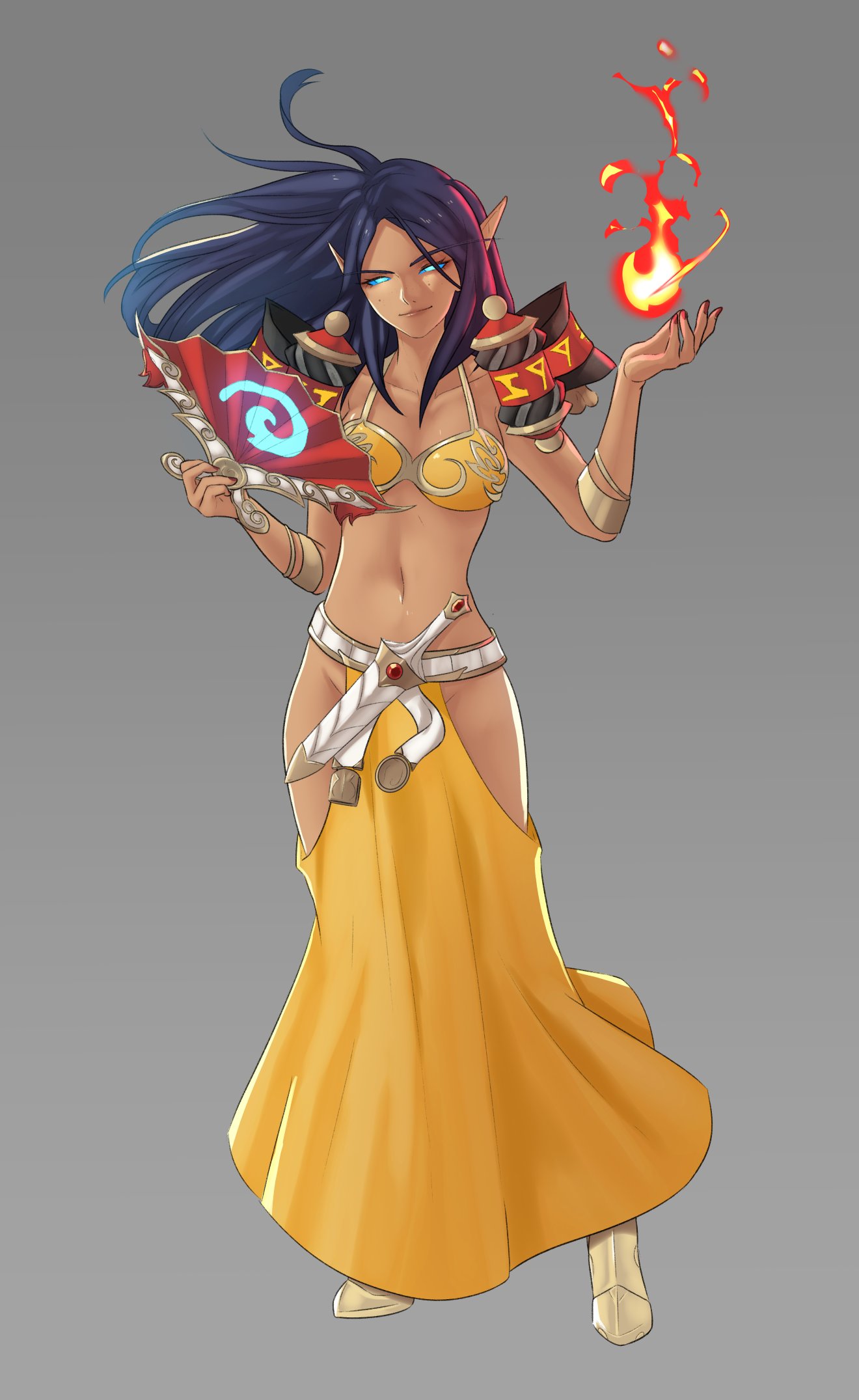1girl blue_eyes blue_hair breasts character_request copyright_request dark-skinned_female dark_skin fire hand_fan highres long_hair looking_at_viewer medium_breasts midriff mole no_pupils pointy_ears pomelomelon revealing_clothes smile solo sword thighs weapon wind