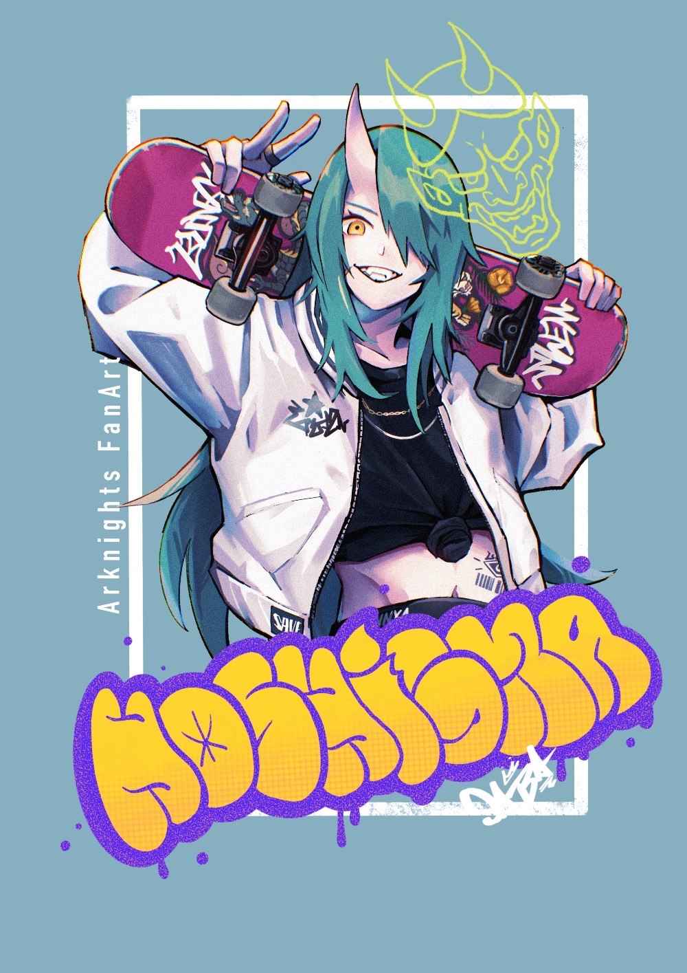 1girl arknights character_name copyright_name duplicate front-tie_top graffiti green_hair grin hair_over_one_eye highres horns hoshiguma_(arknights) jacket jewelry long_hair navel necklace oni oni_horns open_clothes open_jacket pale_skin peppsi_(saba_sabasuk0) single_horn skateboard smile solo sweater tattoo teeth v yellow_eyes