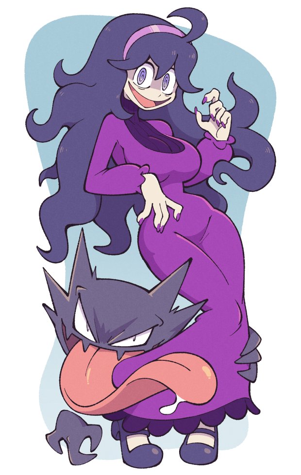 1girl @_@ ahoge alternate_breast_size bangs breasts dress hair_between_eyes hairband haunter hex_maniac_(pokemon) large_breasts long_dress long_hair looking_at_viewer mary_janes messy_hair nail_polish open_mouth pokemon pokemon_(creature) pokemon_(game) pokemon_xy purple_eyes purple_hair purple_hairband purple_nails shenanimation shoes smile tongue turtleneck_dress very_long_hair