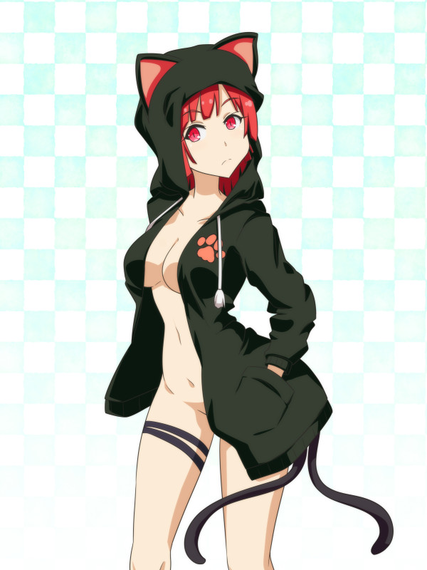 1girl alternate_costume bangs blunt_bangs breasts cato_(monocatienus) checkered_background expressionless hood hoodie kaenbyou_rin large_breasts looking_at_viewer multiple_tails naked_hoodie nekomata paw_print solo tail touhou two_tails