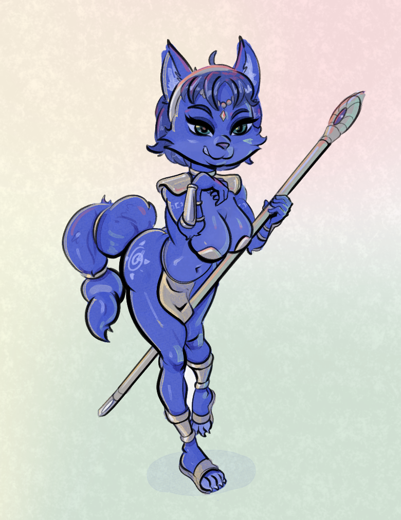 anthro armor big_breasts big_butt blue_body blue_fur breasts butt canid canine cat_o'_nine_tails_(artist) clothing female footwear fox fur krystal mammal nintendo shoes solo star_fox thick_thighs video_games weapon wide_hips