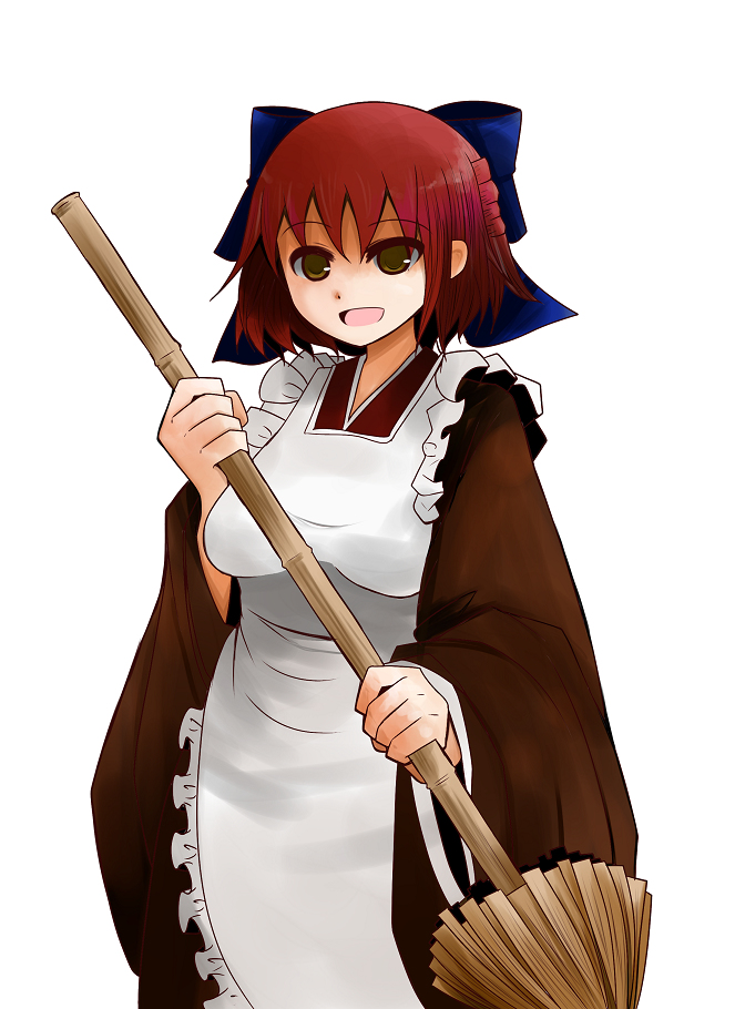 1girl :d apron arano_oki bangs blue_bow bow breasts broom brown_eyes brown_kimono frilled_apron frills hair_between_eyes hair_bow holding holding_broom japanese_clothes kimono kohaku_(tsukihime) long_sleeves looking_at_viewer maid_apron medium_breasts red_hair simple_background smile solo tsukihime wa_maid white_apron white_background wide_sleeves