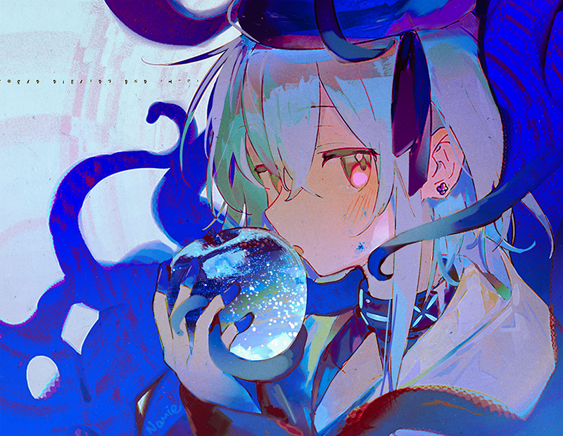 1boy arknights bangs black_collar black_shirt blue_apple blue_hair blue_headwear collar crossed_bangs earrings food fruit gloves hair_between_eyes hand_up hat holding holding_food holding_fruit infection_monitor_(arknights) jewelry looking_at_viewer male_focus mizuki_(arknights) namie-kun otoko_no_ko parted_lips pink_eyes portrait shirt solo tentacles white_gloves