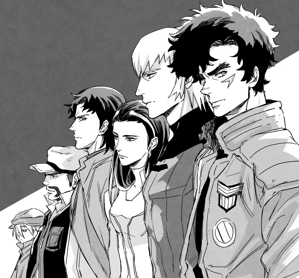 1girl 5boys black_hair earrings egg_(cknlun) facial_hair greyscale hair_between_eyes hat jacket jewelry joe_(megalo_box) megalo_box monochrome multicolored_hair multiple_boys mustache nanbu_gansatsu pocket sachio_(megalo_box) scar scar_on_cheek scar_on_face shirato_mikio shirato_yukiko short_hair sideburns streaked_hair upper_body white_hair yuuri_(megalo_box)