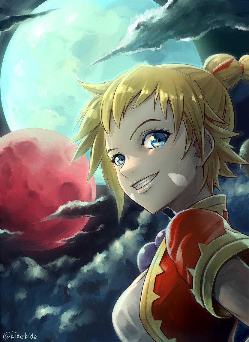 1girl blonde_hair blue_eyes breasts chrono_cross cloud facial_mark high_ponytail jewelry kid_(chrono_cross) long_hair looking_at_viewer moon multi-tied_hair necklace nyaasora ponytail smile solo vest