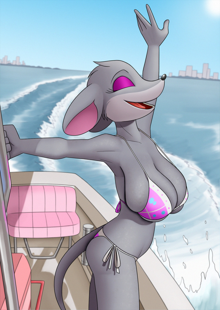 anthro better_version_at_source big_breasts bikini bite boat breasts cleavage clothed clothing creatiffy eyelashes eyes_closed eyeshadow female fur gesture grey_body grey_fur hi_res humor makeup mammal motorboat_(boat) mouse murid murine open_mouth outside pun purple_eyes rodent skimpy sky skyline smile solo string_bikini swimwear thea_stilton vehicle visual_pun water watercraft waving