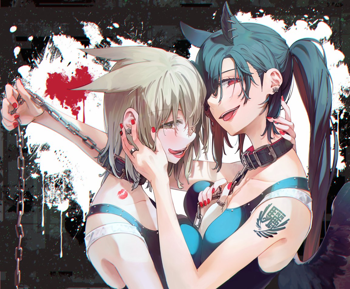 2girls alternate_costume animal_ears bare_shoulders black_collar breast_press breasts chain chained chromatic_aberration collar collarbone ear_piercing earrings feathered_wings fingernails hair_between_eyes half-closed_eyes hand_on_another's_face holding holding_leash horse_ears jewelry kurokoma_saki large_breasts leash lipstick_mark long_hair looking_at_viewer multiple_girls nail_polish no_headwear piercing pointy_hair ponytail profile red_nails ring shoulder_tattoo symmetrical_docking syuri22 tank_top tattoo teeth tongue tongue_out touhou toyosatomimi_no_miko upper_body wings yellow_eyes yuri