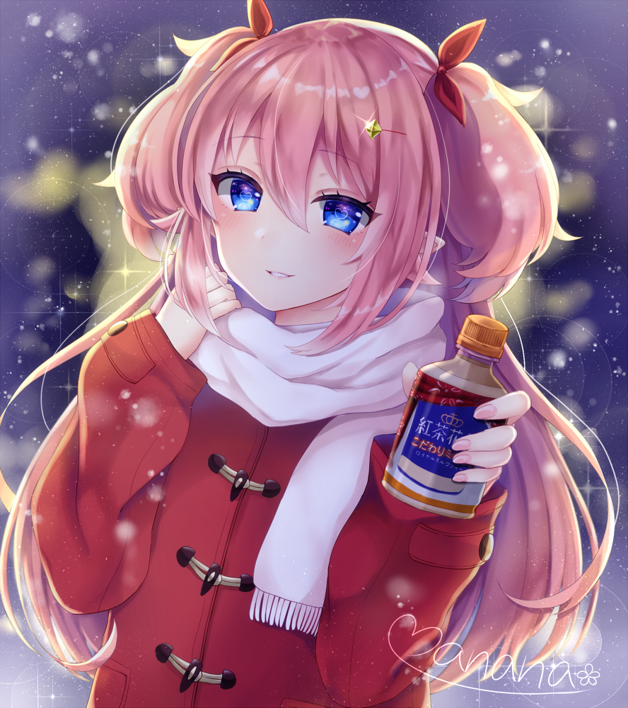 1boy blue_eyes bottle bow hair_between_eyes hair_bow hair_ornament hairclip holding holding_bottle jacket kaneshiro_matoi long_hair long_sleeves male_focus manana_(matoi1111) original otoko_no_ko pink_hair red_jacket scarf smile solo two_side_up upper_body very_long_hair white_scarf