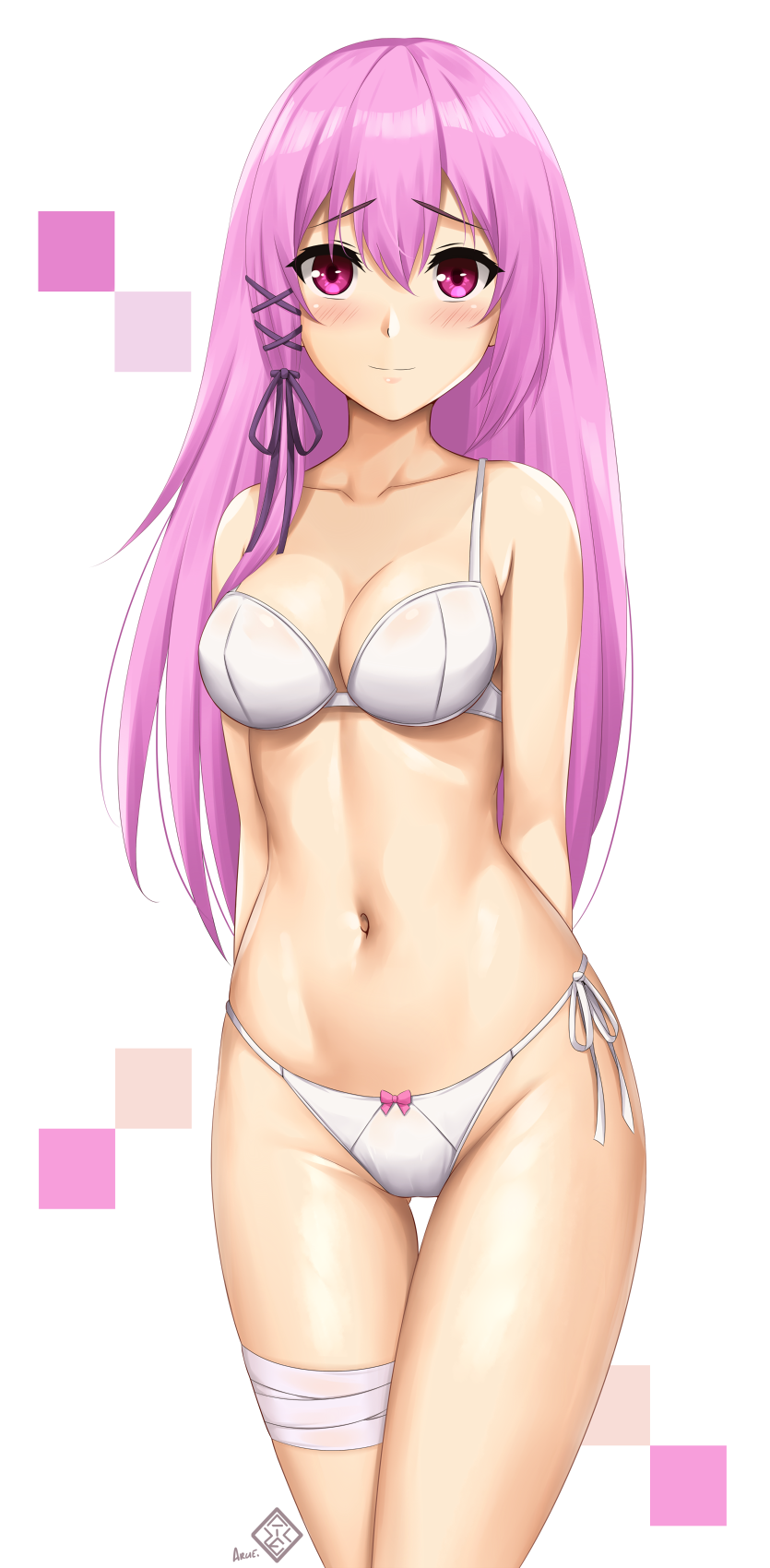 1girl arcie_albano artist_logo breasts cleavage engage_kiss hair_between_eyes highres kisara_(engage_kiss) large_breasts long_hair looking_at_viewer pink_hair purple_eyes side-tie_bottom simple_background solo underwear underwear_only very_long_hair white_background