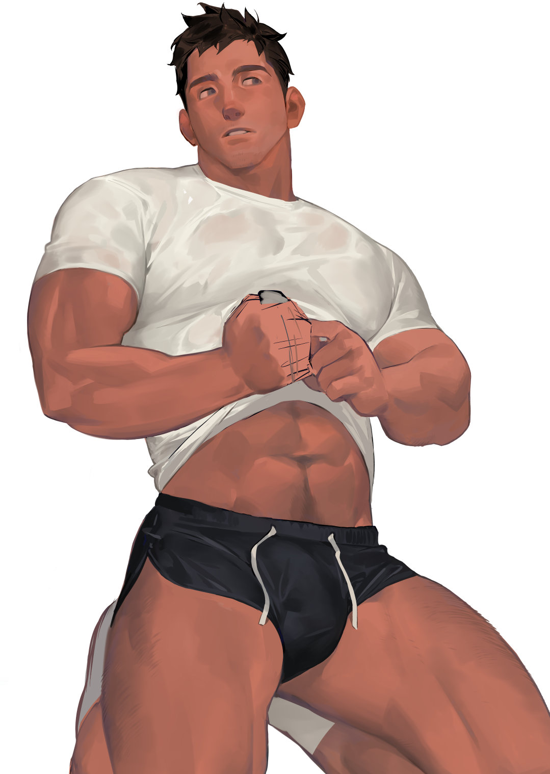 1boy abs bara black_shorts bulge clothes_lift covered_nipples dark-skinned_male dark_skin dolphin_shorts erection erection_under_clothes highres horikwawataru kneeling large_pectorals male_focus midriff_peek muscular muscular_male navel navel_hair original pectorals see-through shirt shirt_lift short_hair short_shorts shorts solo stomach thick_thighs thighs tight tight_shirt wet wet_clothes wet_shirt white_background white_shirt