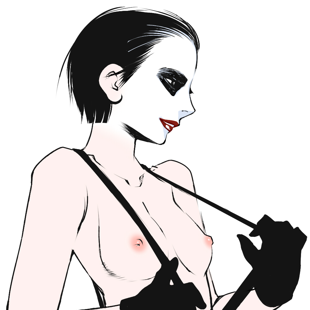 black_hair breasts face_paint facepaint lipstick make_up makeup suspenders topless
