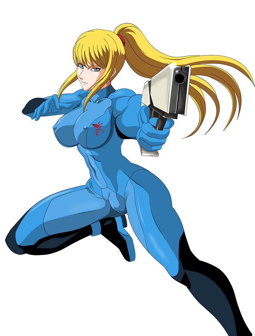 big_breasts blonde_hair blue_eyes breasts cameltoe erect_nipples female gun large_breasts lime_(pixiv1233996) lime_(purple_haze) long_hair metroid ponytail samus_aran simple_background skin_tight solo weapon white_background zero_suit