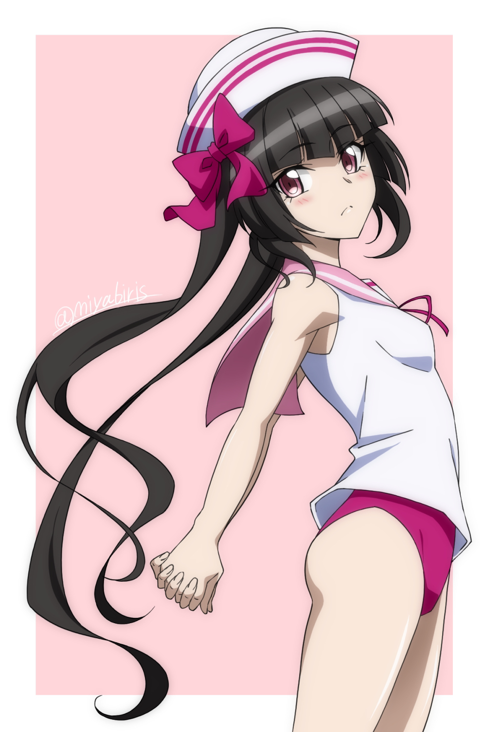 1girl arm_behind_back ass bangs bare_arms bikini bikini_under_clothes black_hair blunt_bangs blush border bow breasts brown_eyes closed_mouth collared_shirt floating_hair from_side frown hair_bow hat highres long_hair looking_at_viewer miyabi_mt-b neck_ribbon outside_border own_hands_clasped own_hands_together pink_background pink_sailor_collar red_bikini red_bow red_ribbon ribbon sailor_collar sailor_shirt senki_zesshou_symphogear shiny shiny_hair shirt sleeveless sleeveless_shirt small_breasts solo standing swimsuit tsukuyomi_shirabe very_long_hair white_border white_headwear white_shirt