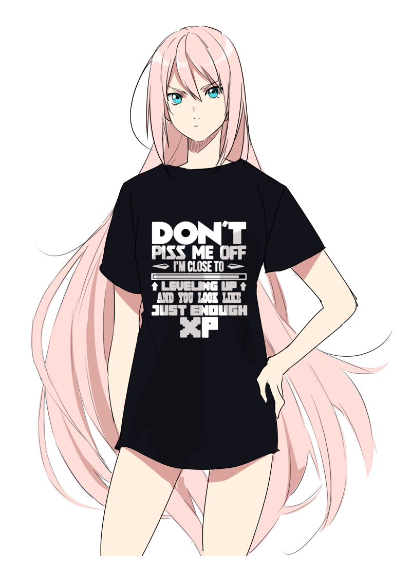 1girl alternate_costume arm_behind_back bangs black_shirt blue_eyes closed_mouth cropped_legs english_text floating_hair frown hair_between_eyes hand_on_hip long_hair looking_at_viewer naked_shirt pink_hair print_shirt shiny shiny_hair shionne_(tales) shirt short_sleeves simple_background solo standing tales_of_(series) tales_of_arise tusia twintails very_long_hair white_background