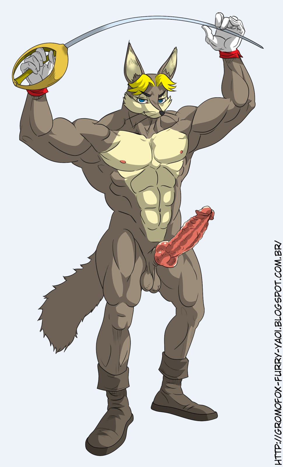 2019 abs animal_genitalia animal_penis anthro antoine_d'coolette archie_comics balls biceps blonde_hair blue_eyes boots canid canine canine_penis canis clothing coyote footwear genitals gloves gromofox hair handwear hi_res male mammal melee_weapon muscular muscular_male nipples pecs penis rapier sega solo sonic_the_hedgehog_(archie) sonic_the_hedgehog_(comics) sonic_the_hedgehog_(series) sword weapon
