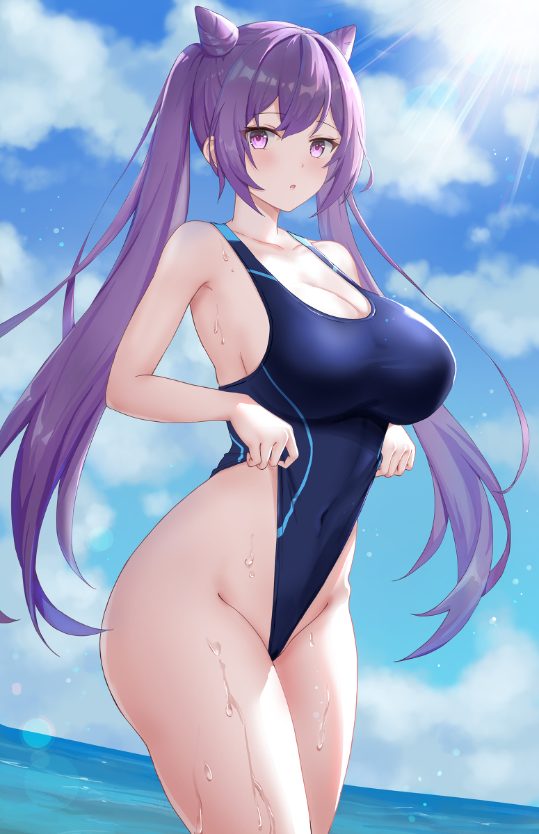 1girl :o ass bangs bare_arms bare_shoulders blue_one-piece_swimsuit blue_sky blush breasts cleavage clothes_pull cloud competition_swimsuit cone_hair_bun covered_navel cowboy_shot day double_bun genshin_impact groin hair_bun highleg highleg_swimsuit highres keqing_(genshin_impact) large_breasts long_hair looking_at_viewer ocean one-piece_swimsuit outdoors parted_lips pulled_by_self purple_eyes purple_hair ronnie_z sidelocks sky solo sunlight swimsuit swimsuit_pull thighs twintails wet wide_hips