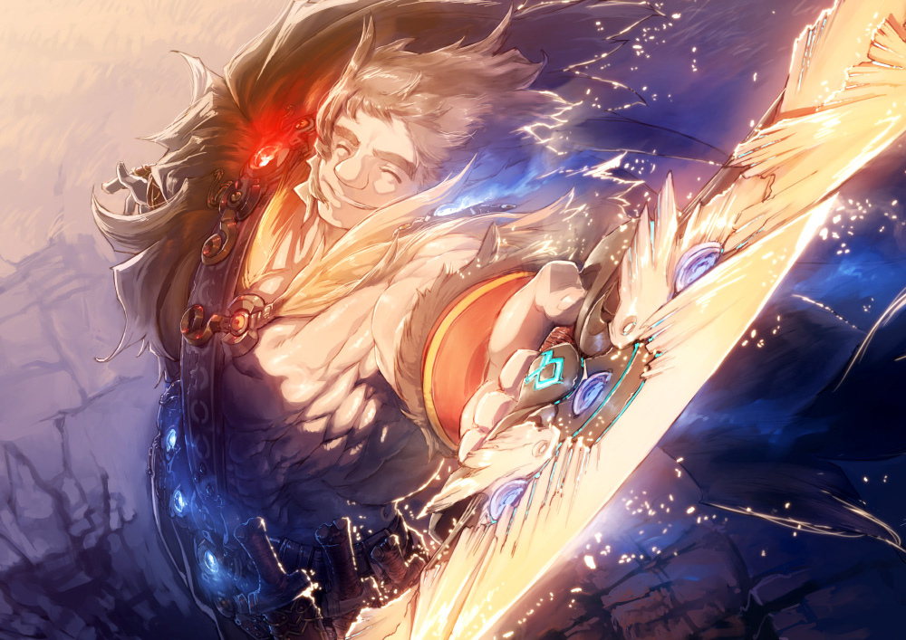 1boy belt bow_(weapon) brown_hair cape closed_eyes fate/grand_order fate_(series) fur_cape glowing glowing_bow_(weapon) glowing_weapon holding holding_bow_(weapon) holding_weapon i-iv_(longman) male_focus muscular muscular_male official_art sam_browne_belt smile super_orion_(fate) sword thick_eyebrows weapon