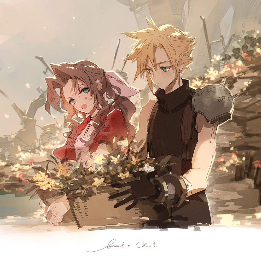 1boy 1girl aerith_gainsborough armor bangs basket blonde_hair blue_eyes blush braid braided_ponytail brown_hair character_name choker cloud_strife cowboy_shot dress final_fantasy final_fantasy_vii final_fantasy_vii_remake flower_basket gloves green_eyes hair_between_eyes hair_ribbon holding holding_basket jacket kieta long_hair open_mouth outdoors parted_bangs pink_dress pink_ribbon red_jacket ribbon short_hair short_sleeves shoulder_armor sidelocks sketch sleeveless sleeveless_turtleneck smile spiked_hair suspenders turtleneck wavy_hair