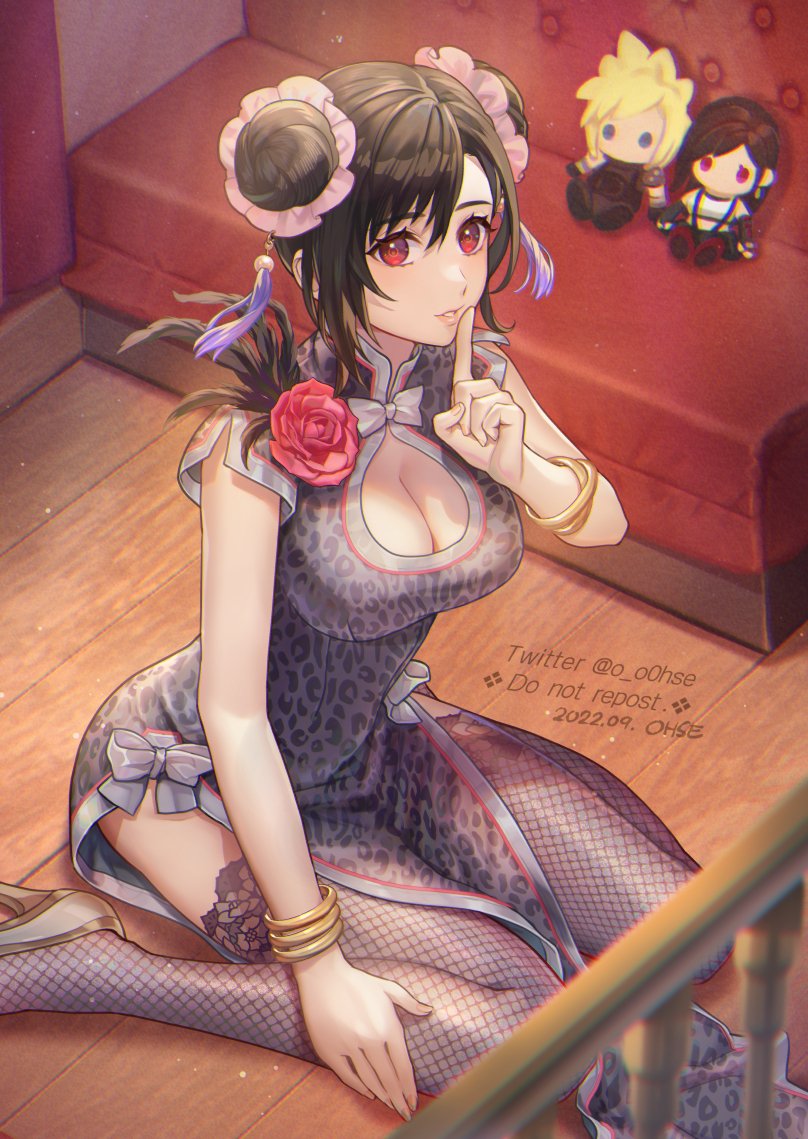 animal_print asymmetrical_bangs bangle bangs black_hair bracelet breasts carriage china_dress chinese_clothes cleavage cleavage_cutout clothing_cutout cloud_strife double_bun dress final_fantasy final_fantasy_vii final_fantasy_vii_remake finger_to_mouth finger_to_own_chin fishnet_thighhighs fishnets flower grey_dress grey_footwear hair_bun hair_ornament high_heels jewelry kneeling large_breasts leopard_print looking_at_viewer ohse parted_lips pelvic_curtain pumps red_eyes red_flower red_rose rose short_sleeves shushing solo_focus stuffed_toy tassel tassel_hair_ornament thighhighs tifa_lockhart twitter_username