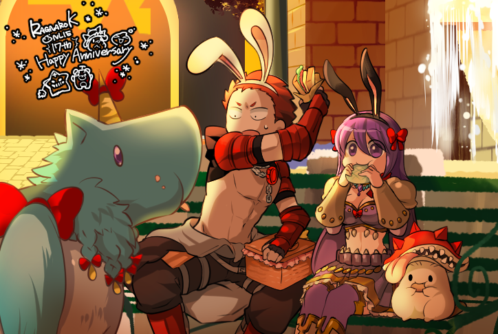 1boy 1girl animal_ears anniversary armor bangs bayeri_(ragnarok_online) black_gloves black_jumpsuit black_pants bow bread breasts brick_wall city cleavage commentary_request constricted_pupils eating fake_animal_ears feet_out_of_frame fingerless_gloves flask food genetic_(ragnarok_online) gloves hair_bow jumpsuit jumpsuit_around_waist long_hair love_morocc mechanic_(ragnarok_online) medium_breasts melon_bread midriff miniskirt mushroom open_mouth outdoors pants pauldrons purple_eyes purple_hair purple_thighhighs rabbit_ears ragnarok_online red_armor red_bow red_hair round-bottom_flask sandwich short_hair shoulder_armor sitting skirt smile spore_(ragnarok_online) sunset thighhighs unicorn vambraces