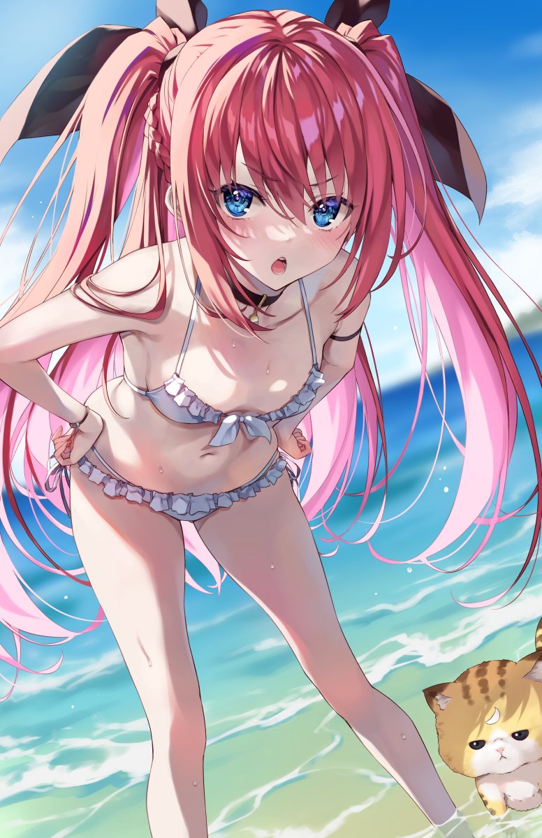 1girl beach bikini blue_eyes blush bow bowtie breasts cleavage hair_bow hair_ornament highres long_hair looking_at_viewer mascot multicolored_hair navel ocean original red_hair small_breasts solo swimsuit tomose_shunsaku twintails two-tone_hair