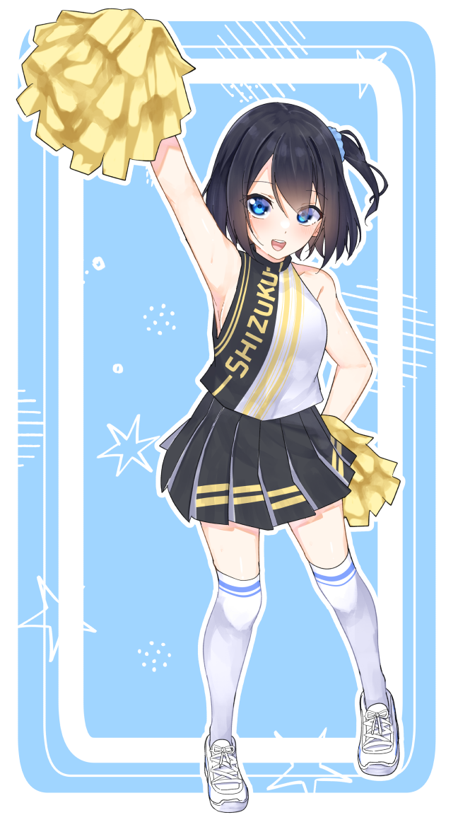 1girl :d arm_up bangs bare_arms bare_shoulders black_hair black_skirt blue_eyes blue_scrunchie breasts character_name cheerleader clothes_writing commentary_request eyes_visible_through_hair full_body hair_ornament hair_scrunchie hand_on_hip looking_at_viewer one_side_up original pleated_skirt pom_pom_(cheerleading) scrunchie shirt shoes short_sleeves skirt small_breasts smile solo standing suzunari_shizuku thighhighs white_footwear white_shirt white_thighhighs yuki_arare