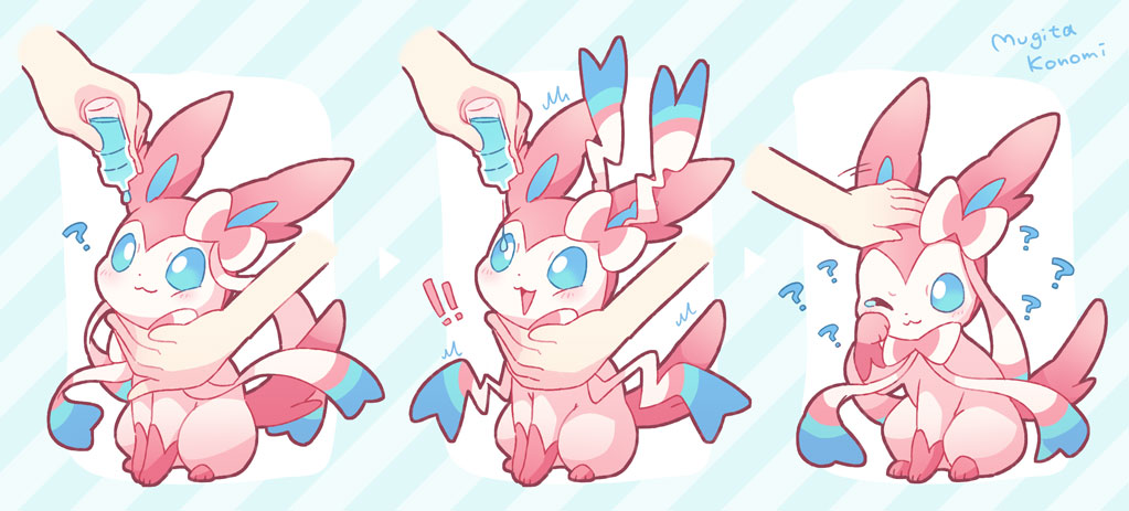 ! !! :3 ? blue_eyes blush bright_pupils closed_mouth commentary_request disembodied_limb eyedrops holding holding_pokemon jippe looking_up open_mouth pokemon pokemon_(creature) signature sitting smile sylveon white_pupils