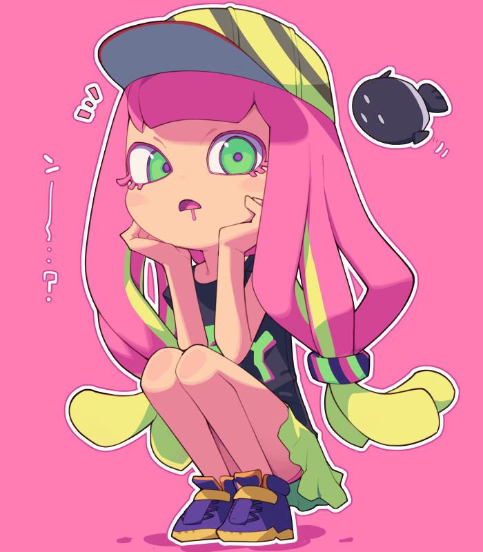 baseball_cap drooling green_eyes green_hair hand_on_own_face harmony's_clownfish_(splatoon) harmony_(splatoon) hat looking_at_viewer metata mouth_drool multicolored_hair open_mouth pink_background pink_hair shirt shoes simple_background skirt sleeveless splatoon_(series) splatoon_3 squatting streaked_hair