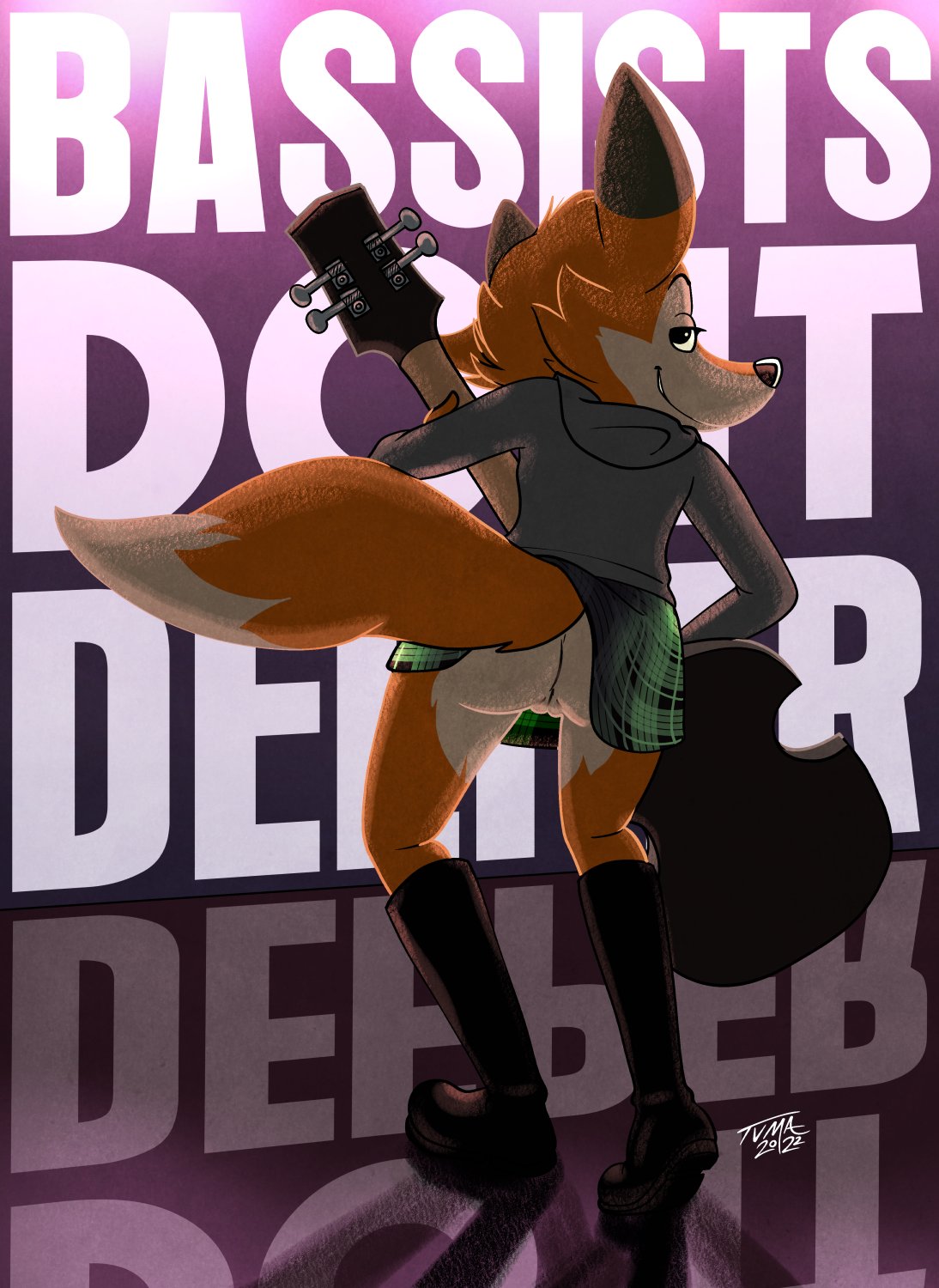 2022 anthro bedroom_eyes bottomwear butt canid canine clothed clothing darma_(rock_dog) english_text female fox full-length_portrait genitals guitar hi_res holding_guitar holding_musical_instrument holding_object hoodie looking_back mammal musical_instrument narrowed_eyes no_underwear plucked_string_instrument portrait pussy raised_bottomwear raised_clothing raised_skirt rear_view rock_dog seductive skirt smile solo standing string_instrument text topwear tvma upskirt