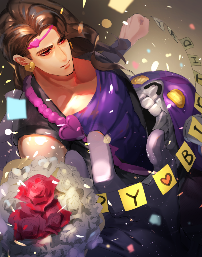 1boy at4190_(user_vzac7788) black_jacket bouquet brown_hair closed_mouth confetti cream_(stand) flower happy_birthday holding holding_bouquet jacket jojo_no_kimyou_na_bouken leotard long_hair male_focus muscular muscular_male purple_leotard red_eyes red_flower red_rose rose sleeveless solo stand_(jojo) stardust_crusaders white_flower white_rose