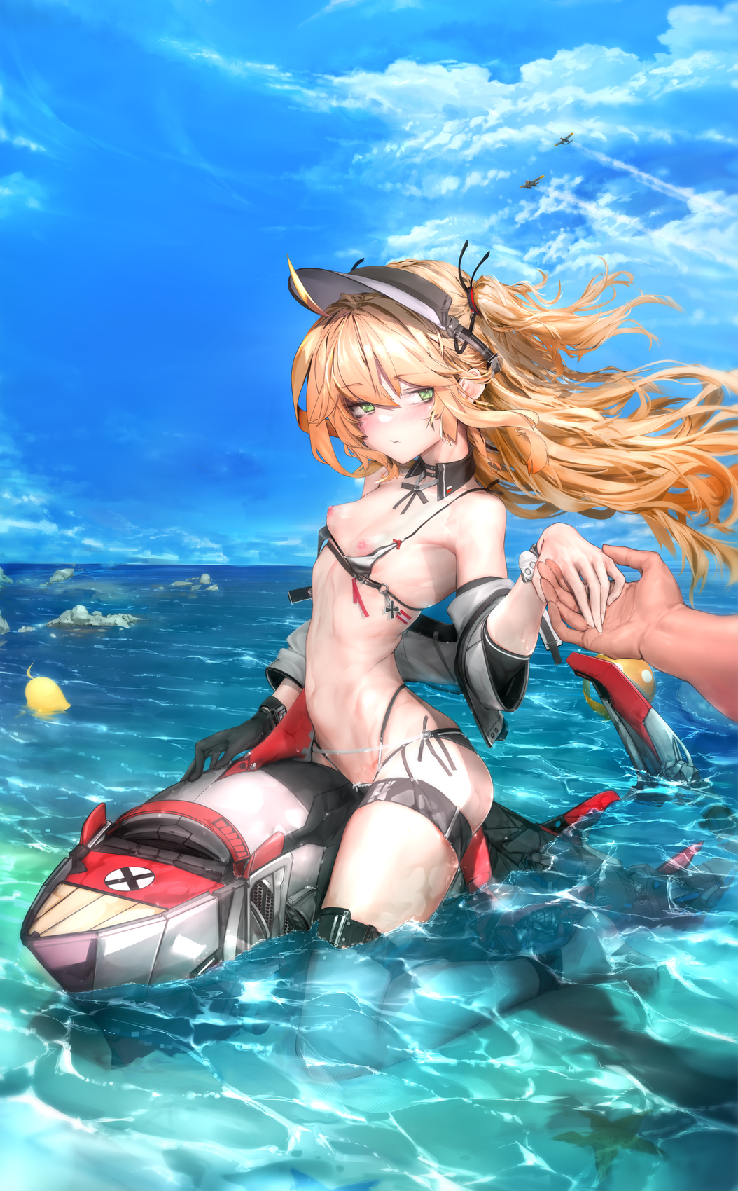 1boy 1girl admiral_hipper_(azur_lane) ahoge azur_lane bare_shoulders barefoot bikini blonde_hair blue_sky breasts closed_mouth cloud creature day detached_collar ferinosaki floating_hair green_eyes grey_bikini hetero highres holding_hands inflatable_toy kneeling long_hair long_sleeves looking_at_viewer manjuu_(azur_lane) micro_bikini navel nipple_slip nipples ocean open_mouth outdoors pink_bikini sky small_breasts solo_focus straddling swimsuit thigh_strap upright_straddle very_long_hair visor_cap water white_headwear wind