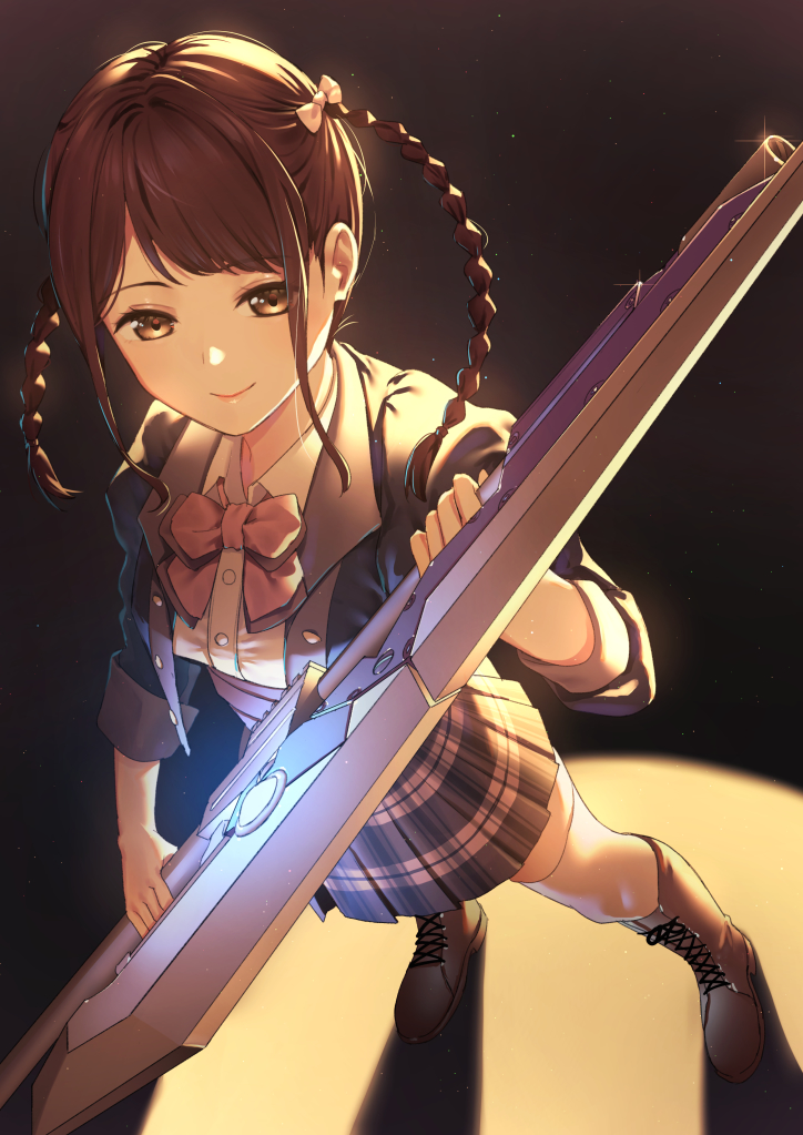 1girl assault_lily backlighting bangs black_background black_footwear black_jacket boots bow bowtie braid brown_eyes brown_hair buttons closed_mouth collared_shirt cosplay from_above full_body glint gradient gradient_background hair_bow hand_up holding holding_weapon jacket juliet_sleeves kishimoto_lucia_raimu kishimoto_lucia_raimu_(cosplay) knee_boots lace-up light_particles long_sleeves looking_at_viewer looking_up ludvico_private_girls'_academy_school_uniform medium_hair miniskirt miyase_reina nagareboshi open_clothes open_jacket pink_bow pink_bowtie pink_skirt plaid plaid_skirt pleated_skirt puffy_sleeves real_life school_uniform shadow shirt sidelocks skirt solo spotlight standing swept_bangs thighhighs twin_braids twintails two-handed underbust voice_actor voice_actor_connection weapon white_bow white_shirt white_thighhighs