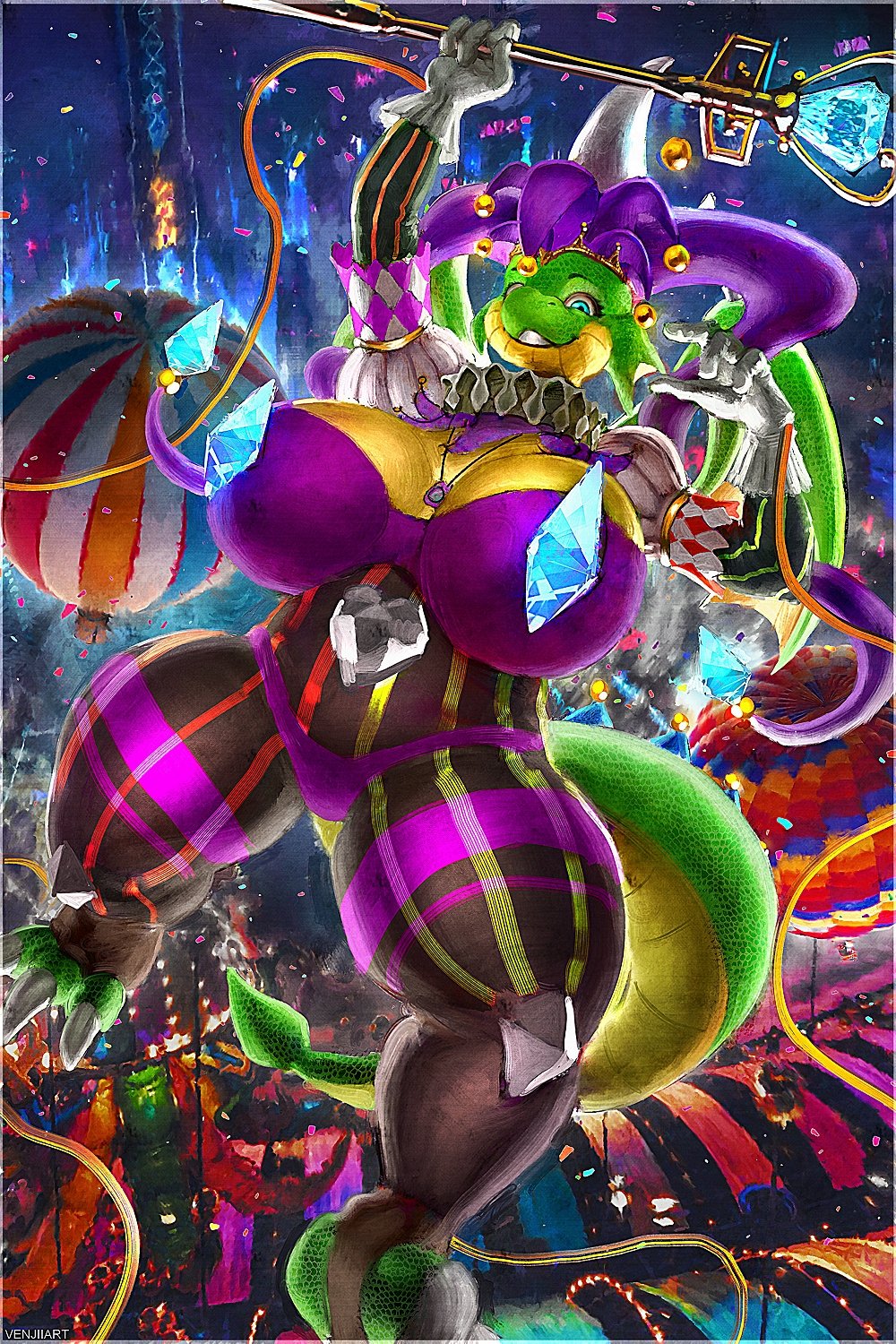 2021 anthro big_breasts blue_eyes breasts brokenwing cleavage clothed clothing digital_media_(artwork) dragon female hi_res huge_breasts jester looking_at_viewer scalie slightly_chubby smile solo thick_tail thick_thighs venjiiart