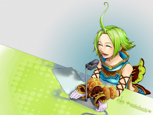 .hack//g.u. .hack//games 1girl bandai cyber_connect_2 eyes_closed female gloves gradient gradient_background green_hair happy makuhashi microphone natsume_(.hack//) open_mouth paper short_hair solo