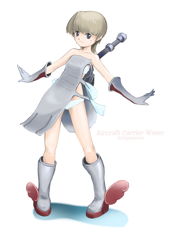 aircraft_carrier apron blue_eyes brown_hair elbow_gloves full_body gloves kriegsmarine mecha_musume military military_vehicle nano original outstretched_arms panties personification ship shoes short_hair simple_background solo underwear warship watercraft weser winged_shoes wings world_war_ii