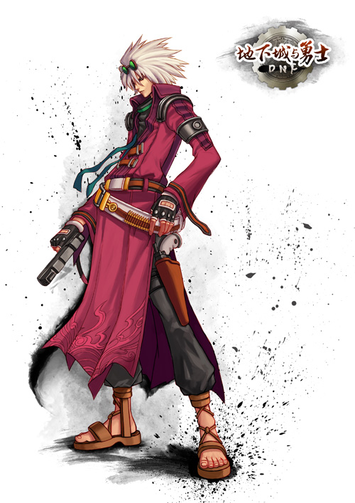 bullet bullets dungeon_and_fighter dungeon_fighter_online full_body gradient gradient_background gun gunner gunner_(dungeon_and_fighter) male male_focus revolver sandals solo sunglasses weapon white_background white_hair