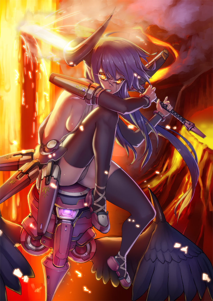 angry aro_(charged_time_out) bad_id bad_pixiv_id blue_hair breasts broken_horn cameltoe clenched_teeth fire flaming_sword horns legs light_trail long_hair medium_breasts molten_rock no_bra original panties sideboob sitting solo sword teeth thighhighs underwear weapon wings yellow_eyes