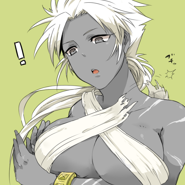 1girl breasts female genderswap grey_eyes king_of_fighters kof large_breasts long_hair m.u.g.e.n midnight_bliss mugen mugen_(game) mukai_(king_of_fighters) open_mouth ponytail shocked simple_background snk solo surprised wardrobe_malfunction white_hair