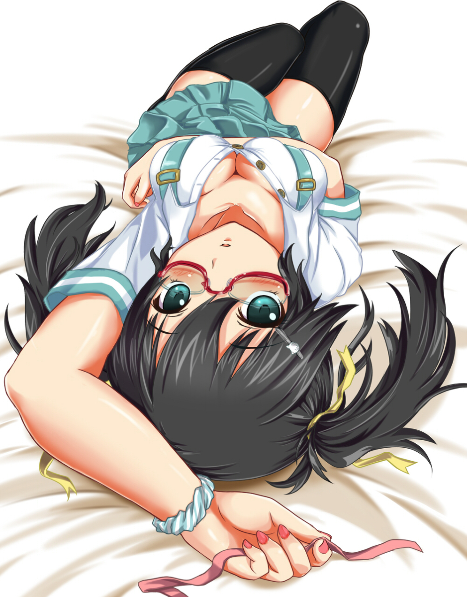 anonimasu arm_up bad_id bad_pixiv_id black_hair black_legwear breasts cleavage downblouse glasses highres lying on_back original skirt small_breasts solo thighhighs twintails